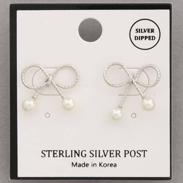 RIBBON BOW PEARL BEAD GOLD DIPPED STERLING SILVER POST EARRING