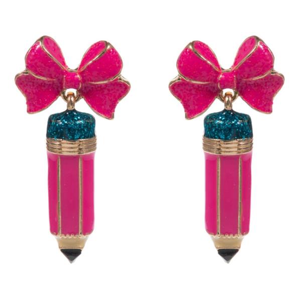 PENCIL SHAPED BOW LINK DANGLE EARRING
