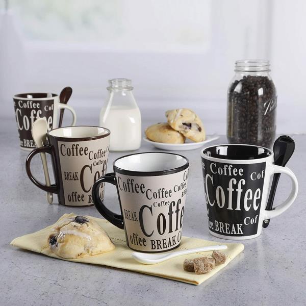 MR BAREGGIO - 4 PC 13 oz CERAMIC CUPS W/ SPOON SET, STONEWARE - W/ GBX
