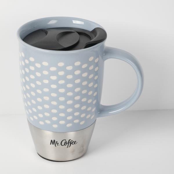 MR COUPLETON - 15 OZ TRAVEL CUP W/ LID - PEACH - TEARDROP - WAX RELEIF - SS - STONEWARE - O/S W/ UPC LABEL