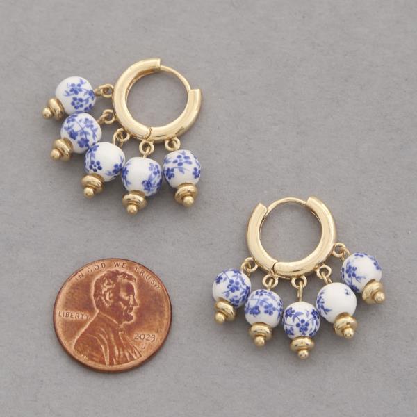 FLOWER BLUE CERAMIC PRINT BEAD HOOP DANGLE EARRING