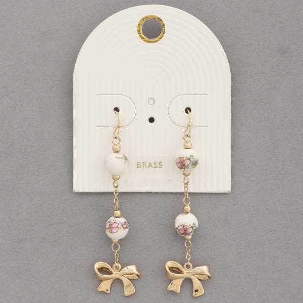 DAINTY BOW FLOWER CERAMIC PRINT BEAD DANGLE EARRING