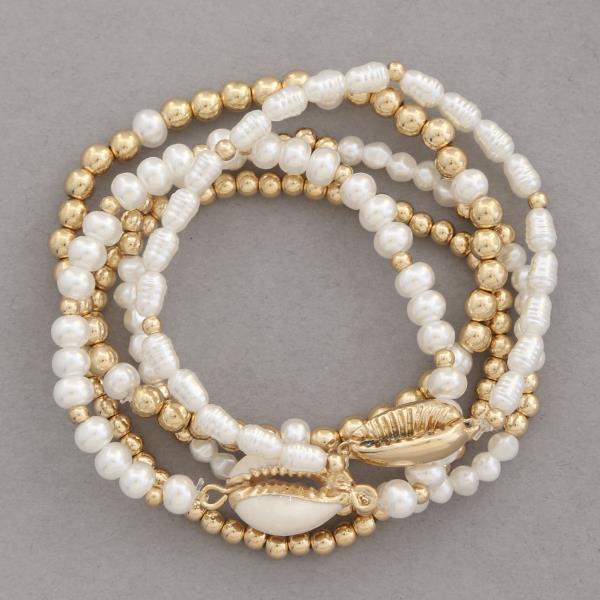 COWRIE SEASHELL PEARL BALL BEAD BRACELET SET