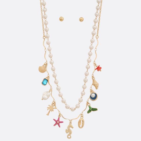 SEA LIFE MULTI CHARM PEARL BEAD LAYERED NECKLACE