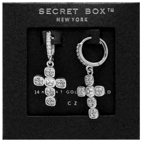 SECRET BOX 14K GOLD DIPPED CZ CROSS HUGGIE EARRING