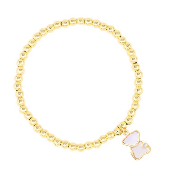 MOTHER OF PEARL BEAR CHARM STAINLESS STEEL BALL BEAD BRACELET