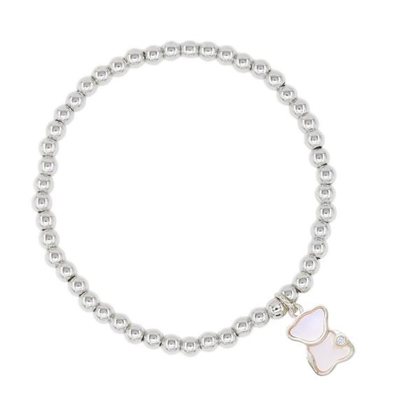 MOTHER OF PEARL BEAR CHARM STAINLESS STEEL BALL BEAD BRACELET