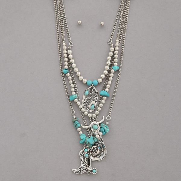 WESTERN STYLE LAYERED METAL CHAIN NECKLACE EARRING SET