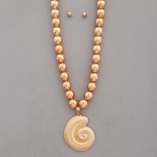METAL BALL CHAIN SHELL PENDANT NECKLACE EARRING SET