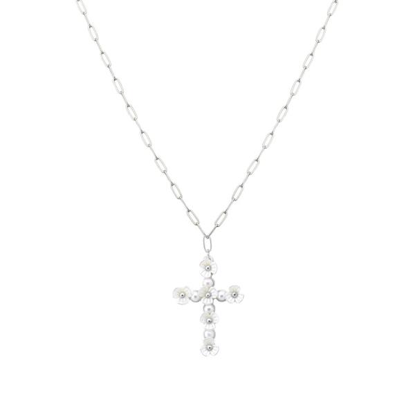 METAL PEARL FLOWER CROSS NECKLACE