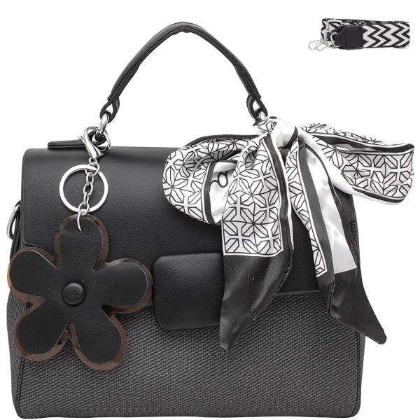 TEXTURED FLOWER CHARM CHIC HANDLE SCARF FLAP BAG WITH GUITAR STRAP