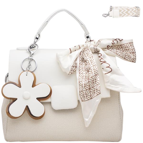 TEXTURED FLOWER CHARM CHIC HANDLE SCARF FLAP BAG WITH GUITAR STRAP