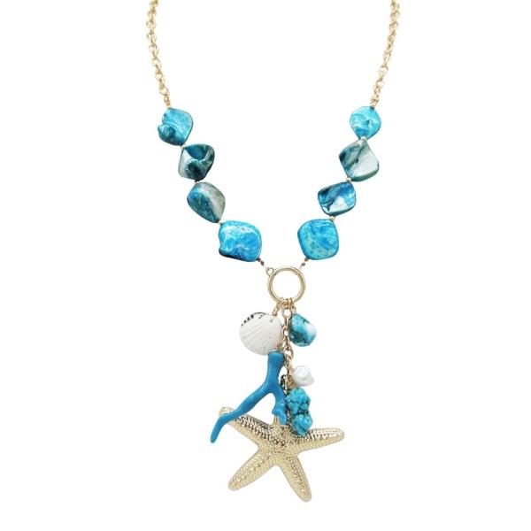 METAL SHELL CORAL STONE STARFISH MIXED PENDANT CHARM NECKLACE