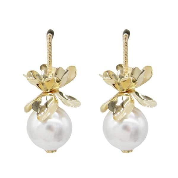 FLOWER TOP PEARL DROP DANGLE ROUND EARRING