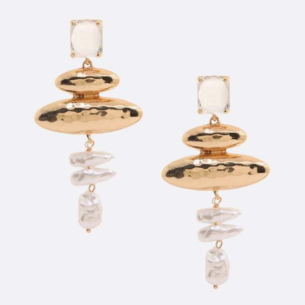 SQUARE STONE OVAL SHAPE PEARL BEAD DANGLE EARRING