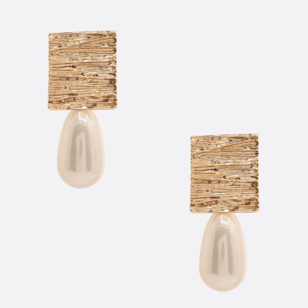 LINED SQUARE PEARL BEAD LINK DANGLE EARRING