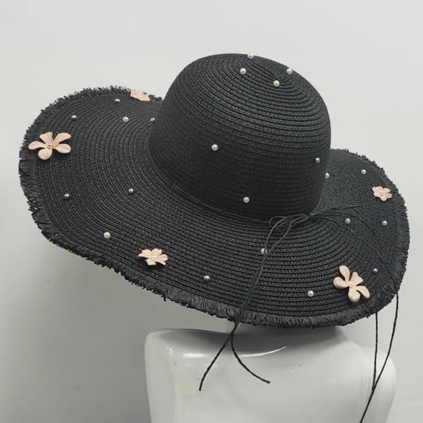 APER RIBBON EXTRA WIDE BRIM HAT WITH FRAYED EDGE, PEARL BEAD DETAILING, AND FLORAL APPLIQUÉS