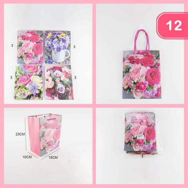 S SIZE - MATTE MIXED FLOWER CUP VASE PRINT ROPE HANDLE MEDIUM VERTICAL PAPER GIFT BAG (12 UNITS)