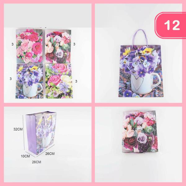 M SIZE - MATTE MIXED FLOWER CUP VASE PRINT ROPE HANDLE MEDIUM VERTICAL PAPER GIFT BAG (12 UNITS)