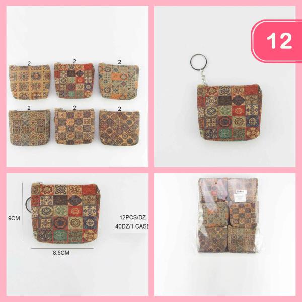 ANTIQUE TILE PRINT KEYRING ZIPPER SQUARE COIN PURSE (12 UNITS)