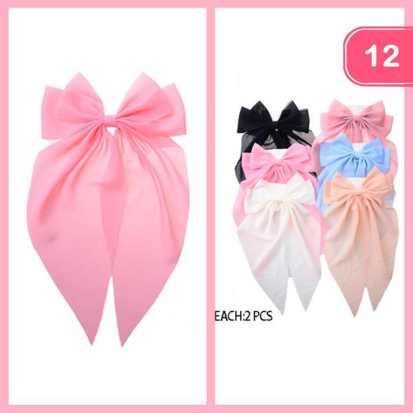 SOFT COLOR RIBBON BOW HAIR PIN (12 UNITS)
