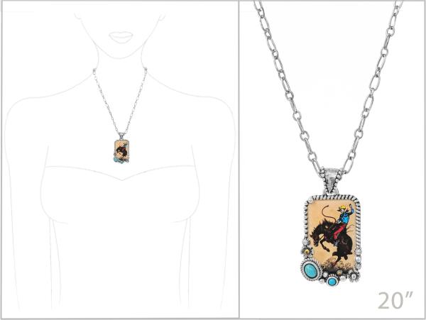 WESTERN PRINT RODEO SEMI STONE PENDANT NECKLACE