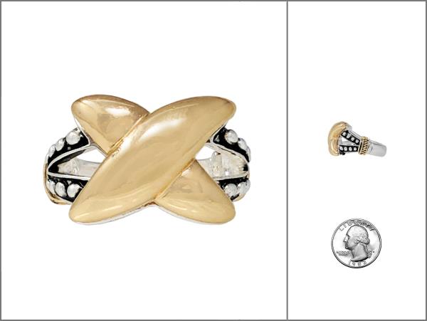 TWO TONE FILIGREE PATTERN CRISS CROSS METAL RING