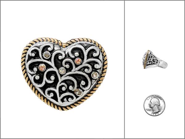 TWO TONE FILIGREE PATTERN HEART SHAPE RING