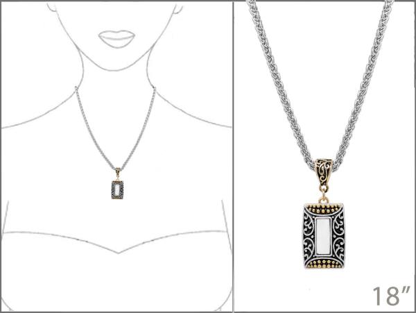 TWO TONE FILIGREE RECTANGLE PENDANT METAL NECKLACE