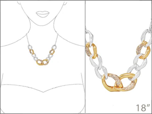 TWO TONE RHINESTONE METAL OVAL LINK NECKLACE