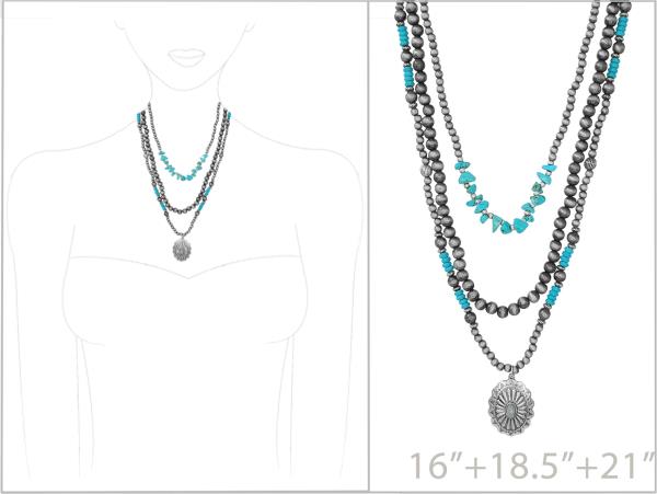 WESTERN STYLE OVAL CHARM BEADED LAYERED NECKLACE