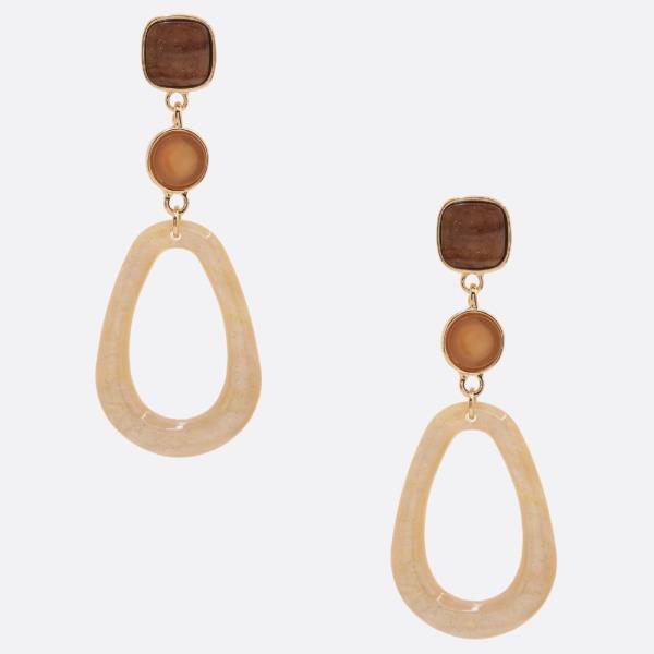SQUARE ROUND STONE TEARDROP DANGLE EARRING