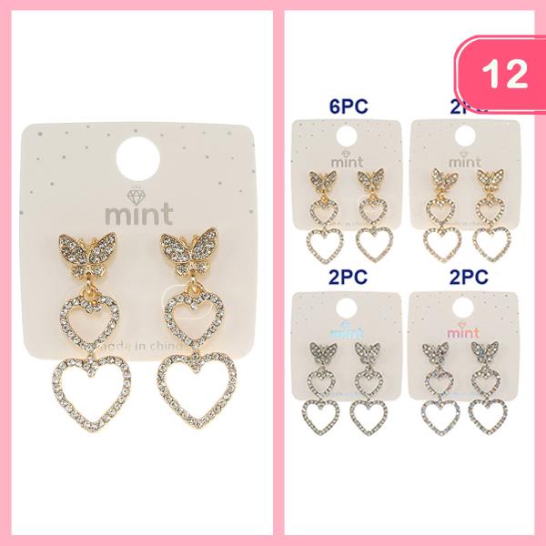 RHINESTONE BUTTERFLY HEART DANGLE EARRING (12 UNITS)