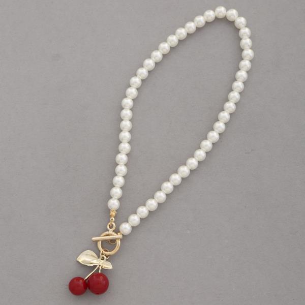 SDJ CHERRY PENDANT TOGGLE CLASP PEARL BEAD NECKLACE