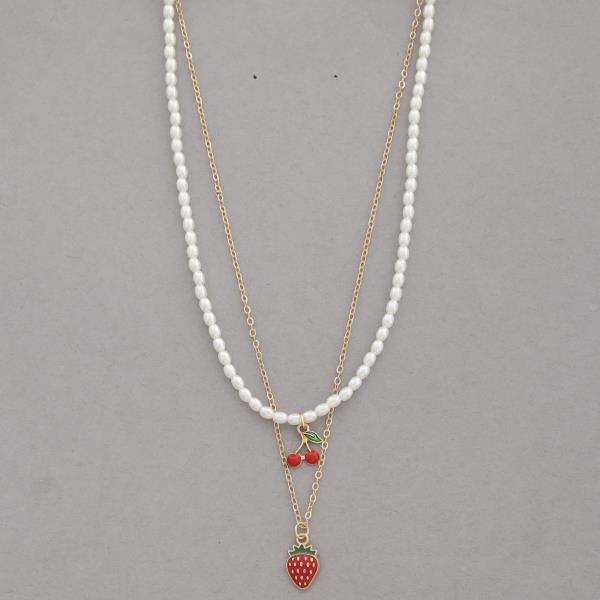 SDJ CHERRY STRAWBERRY CHARM PEARL BEAD LAYERED NECKLACE
