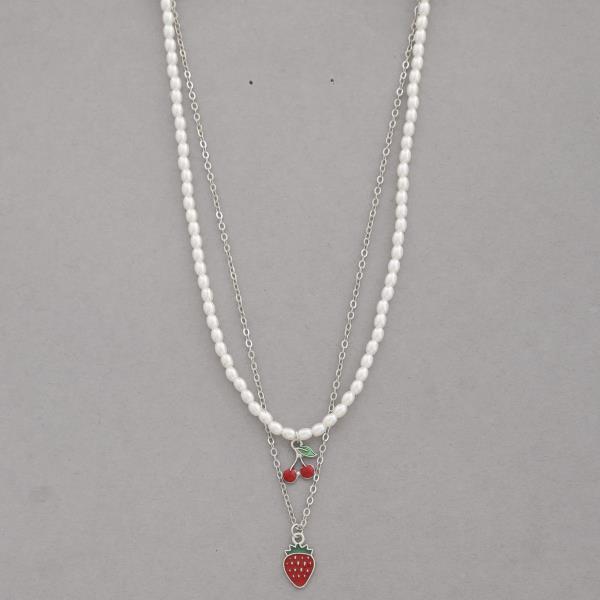 SDJ CHERRY STRAWBERRY CHARM PEARL BEAD LAYERED NECKLACE