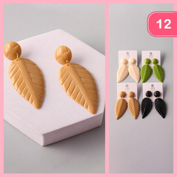CARVED PLASTIC LEAF DROP EARRING (12 UNITS)