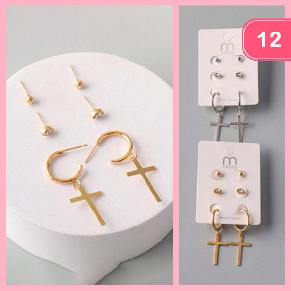 CROSS CHARM HOOP EARRING SET (12 UNITS)