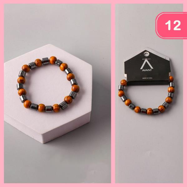 HEMATITE SPACED WOOD BEADED  BRACELET (12 UNITS)