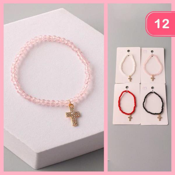 RHINESTONE CROSS CRYSTAL BEADED BRACELET (12 UNITS)