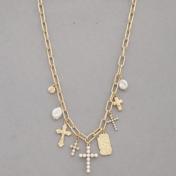 CROSS PEARL BEAD OVAL LINK NECKLACE