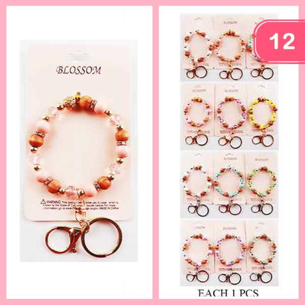 WOOD CRYSTAL BEAD BRACELET KEYCHAIN BAG CHARM (12 UNITS)