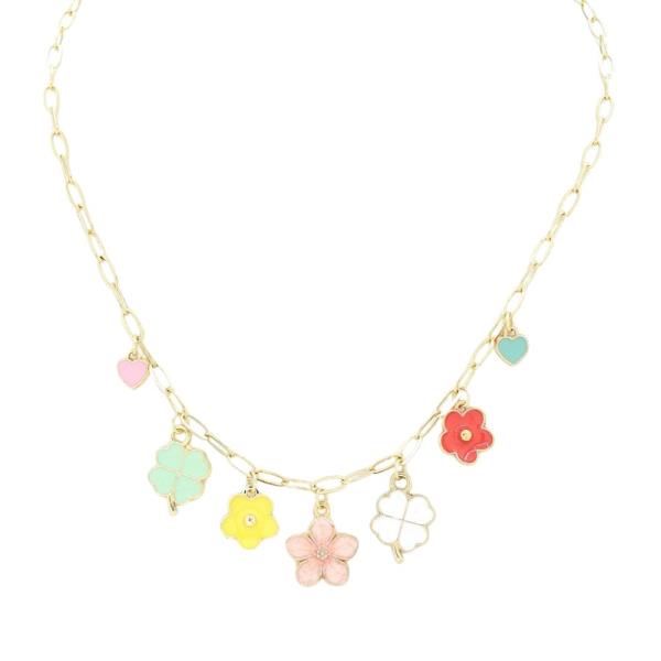 MULIT FLOWER CHARM OVAL LINK NECKLACE