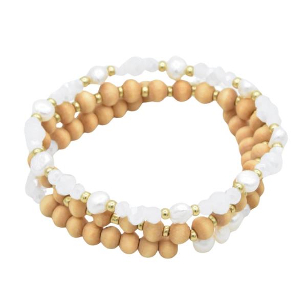 WOOD PEARL BEAD BRACELET SET