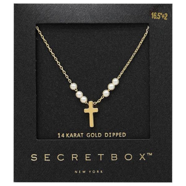 SECRET BOX CROSS CHARM PEARL BEAD 14K GOLD DIPPED NECKLACE