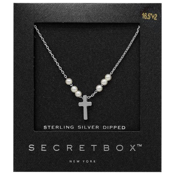 SECRET BOX CROSS CHARM PEARL BEAD 14K GOLD DIPPED NECKLACE