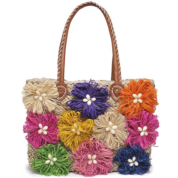 FLORAL STRAW DESIGN HANDLE TOTE BAG