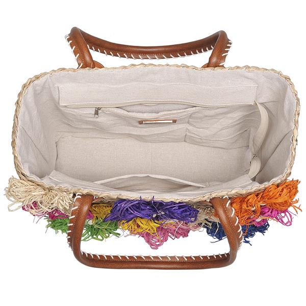 FLORAL STRAW DESIGN HANDLE TOTE BAG