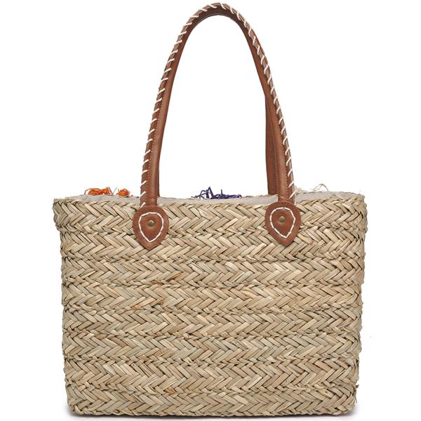 FLORAL STRAW DESIGN HANDLE TOTE BAG