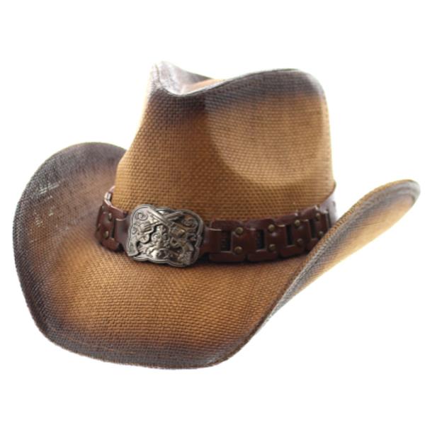 FAUX LEATHER METAL BUCKLE BAND WIDE BRIM COWBOY HAT